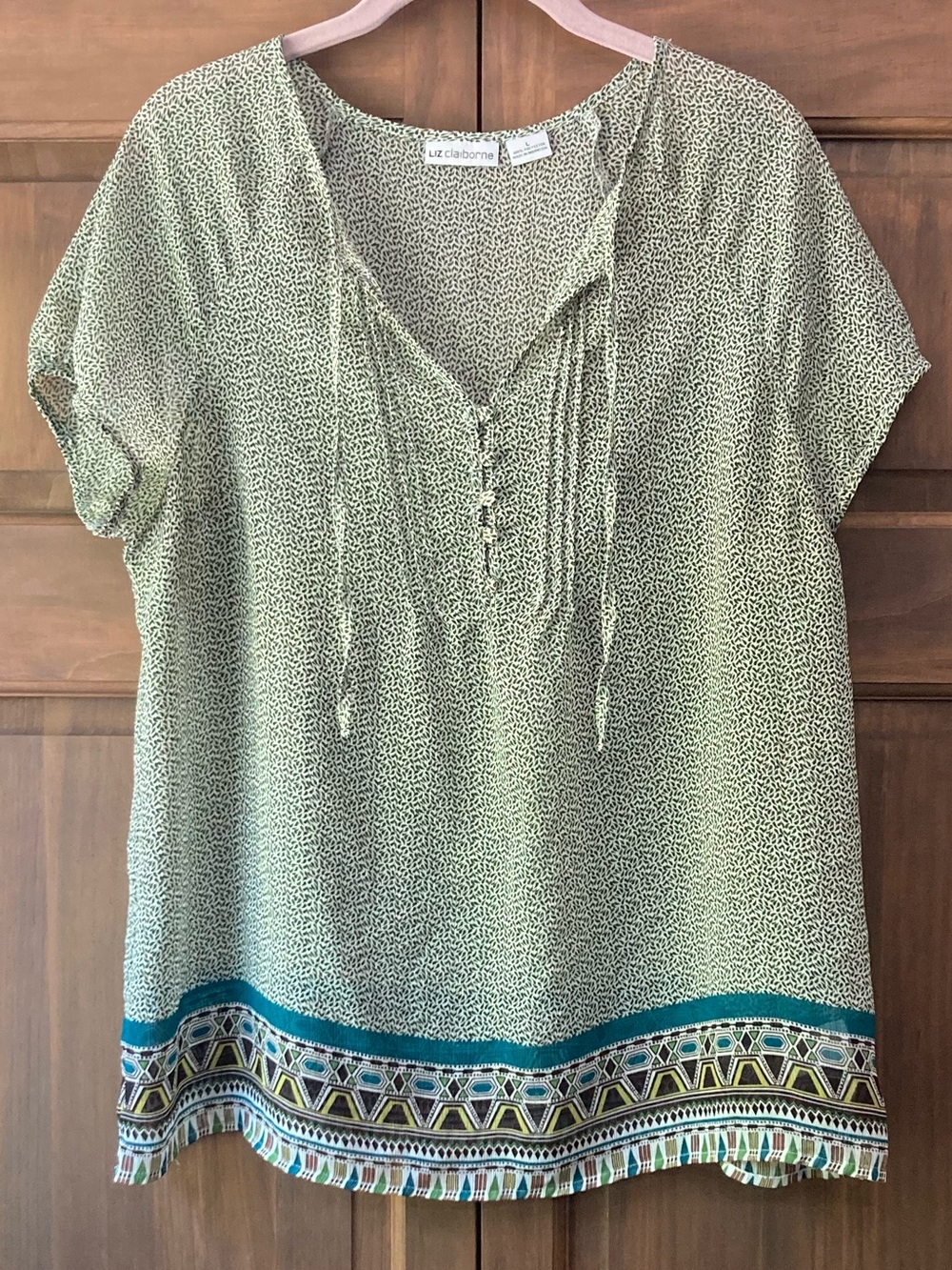 Liz Claiborne Sheer Dark Green Leafy Print SS Top Large